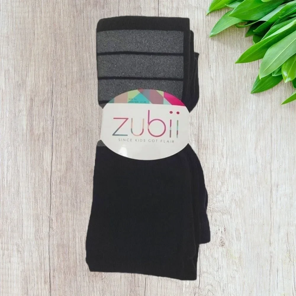 Zubii Footed Tights Set Of 2 Girls Size 12 Black With Gray Striped